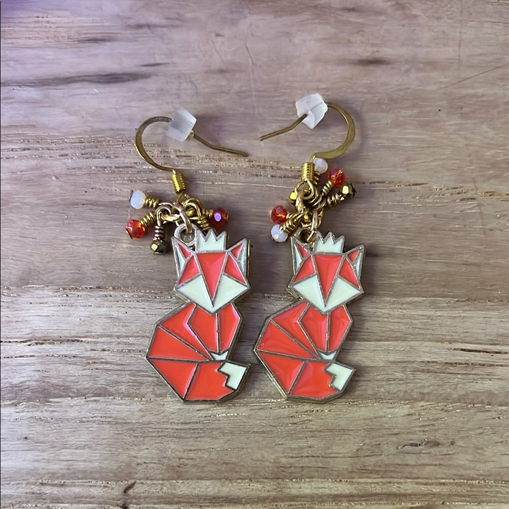 Origami Fox Earrings with Red and White Accents